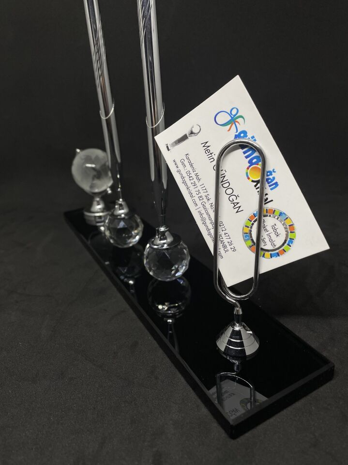 Masaüstü Hediyelik Cam Aksesuar Çift Kalem Dünya ve Not Kartlıklı Masalık Gümüş