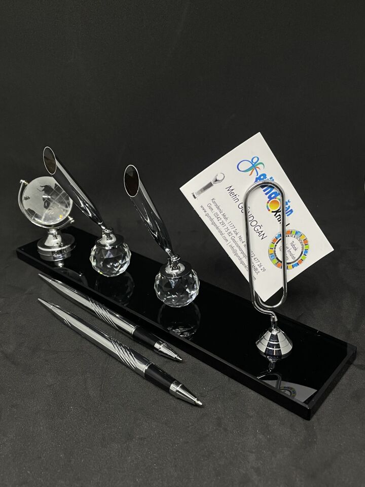 Masaüstü Hediyelik Cam Aksesuar Çift Kalem Dünya ve Not Kartlıklı Masalık Gümüş