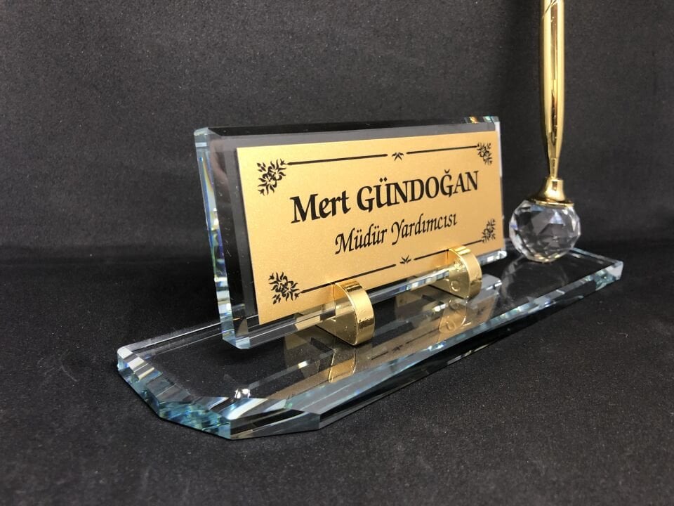 Cam Şeffaf İsimlik Tek Kalem Masaüstü Hediye Seti Altın