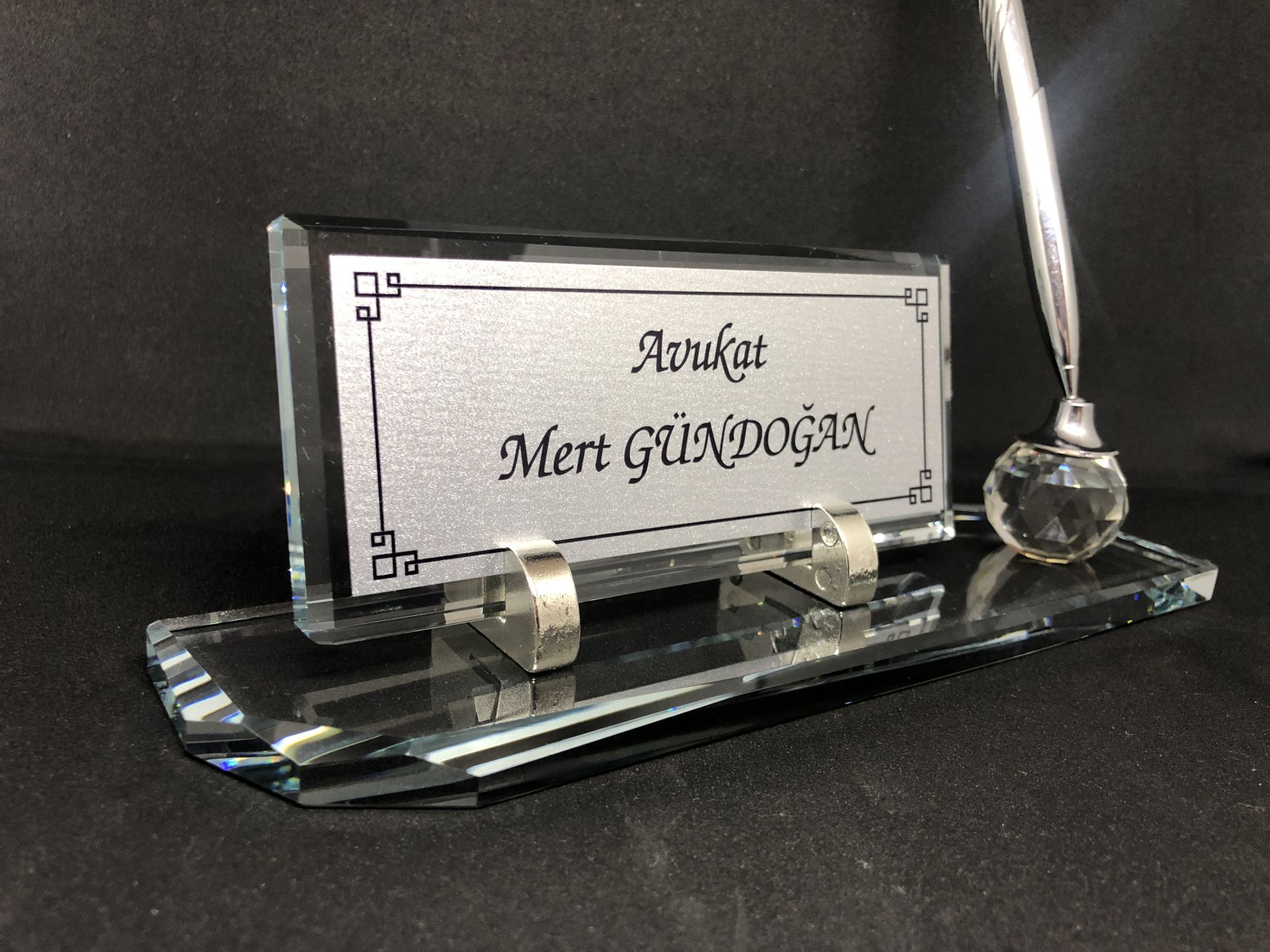 Cam Şeffaf İsimlik Tek Kalem Masaüstü Hediye Seti Gümüş