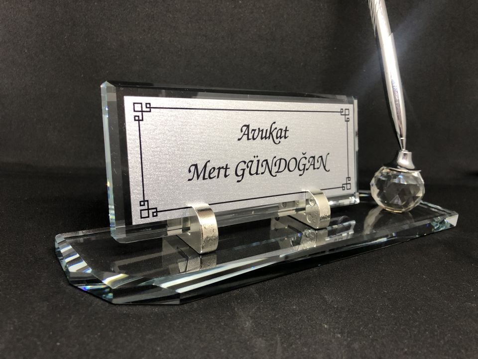 Cam Şeffaf İsimlik Tek Kalem Masaüstü Hediye Seti Gümüş