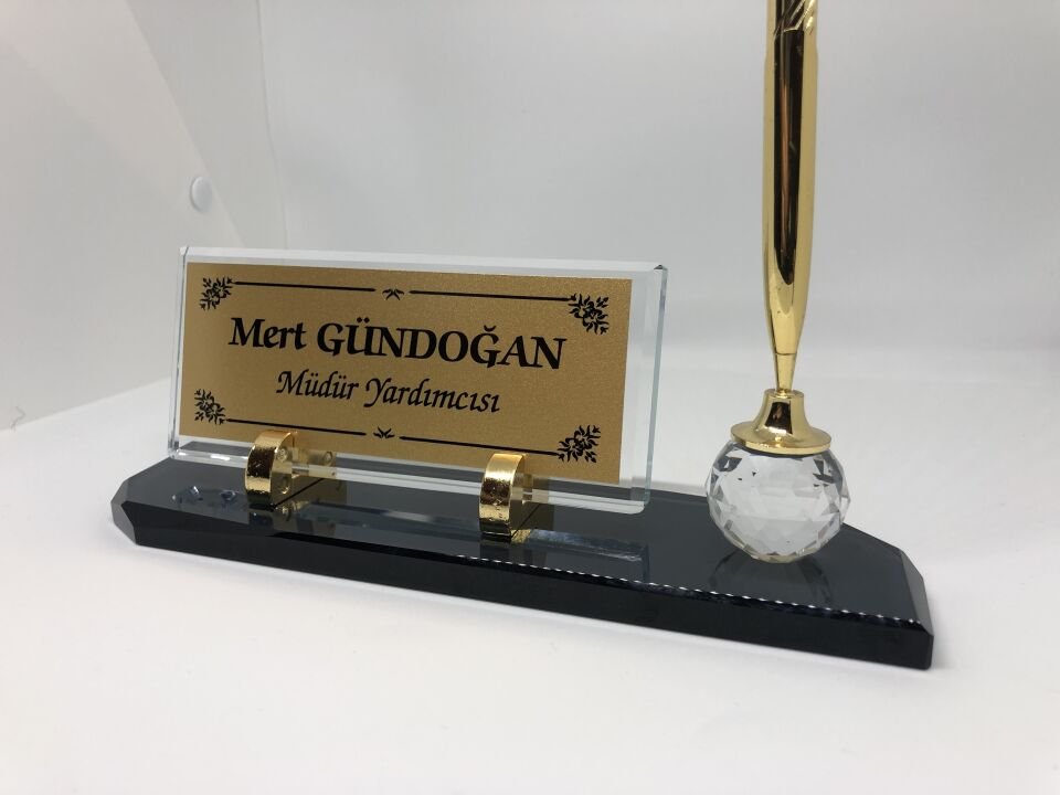 Cam İsimlik Tek Kalem Masaüstü Füme Hediye Seti Altın