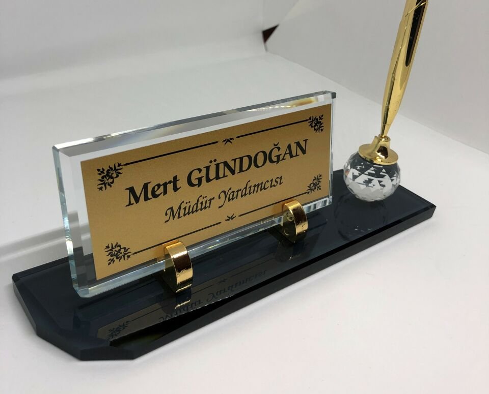 Cam İsimlik Tek Kalem Masaüstü Füme Hediye Seti Altın