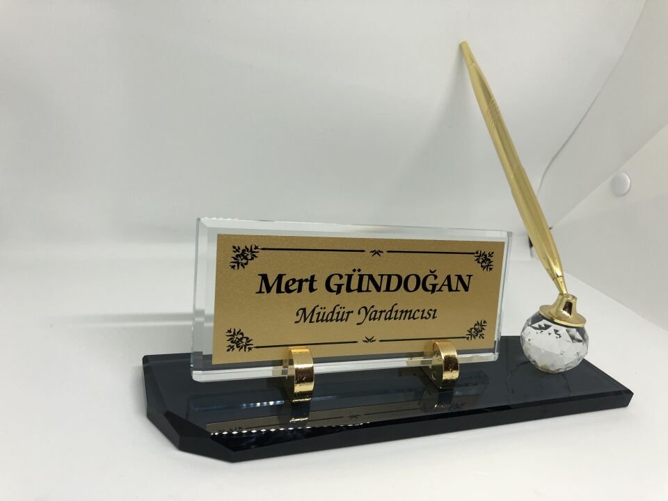 Cam İsimlik Tek Kalem Masaüstü Füme Hediye Seti Altın