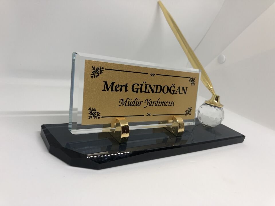 Cam İsimlik Tek Kalem Masaüstü Füme Hediye Seti Altın