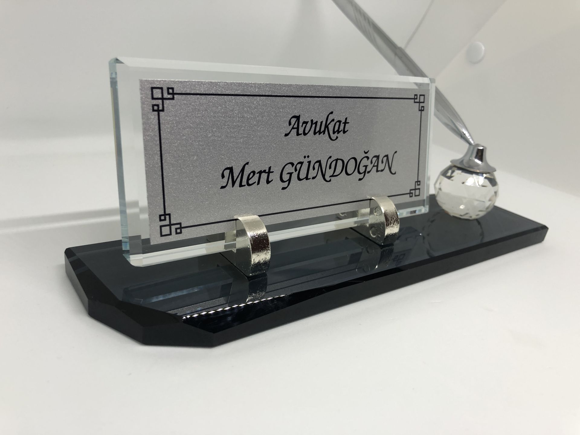 Cam İsimlik Tek Kalem Masaüstü Füme Hediye Seti Gümüş