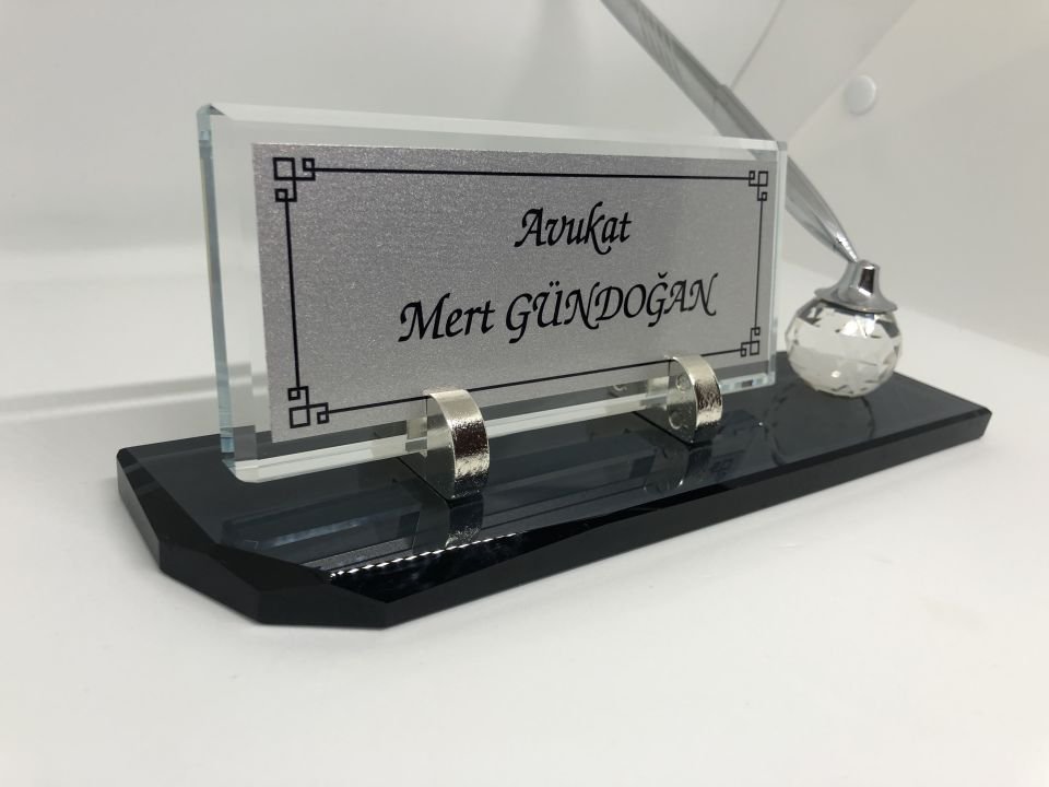 Cam İsimlik Tek Kalem Masaüstü Füme Hediye Seti Gümüş