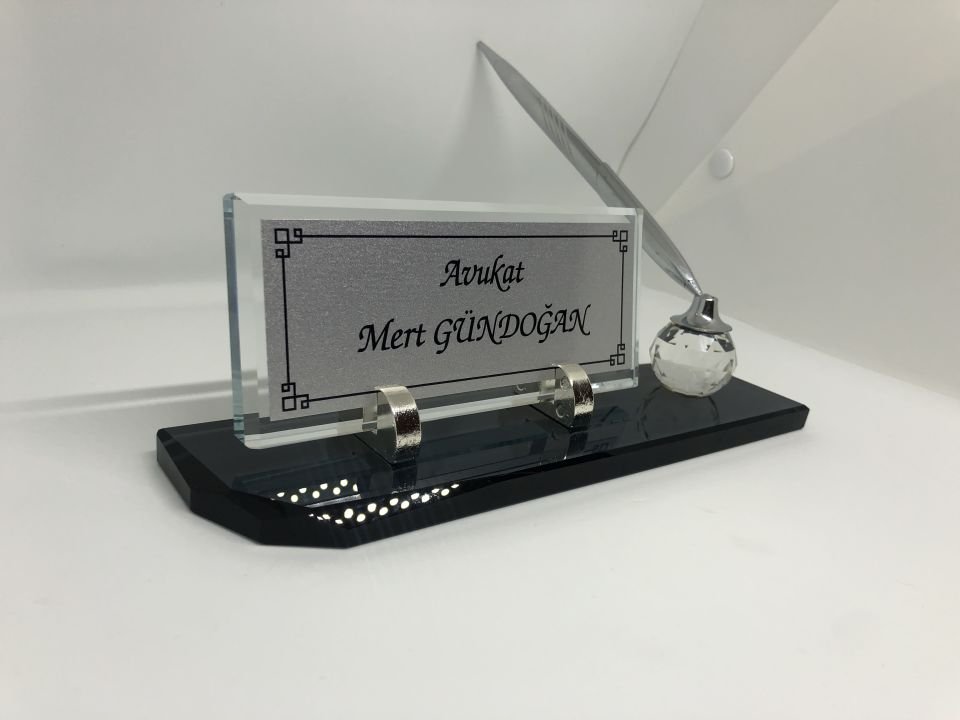 Cam İsimlik Tek Kalem Masaüstü Füme Hediye Seti Gümüş