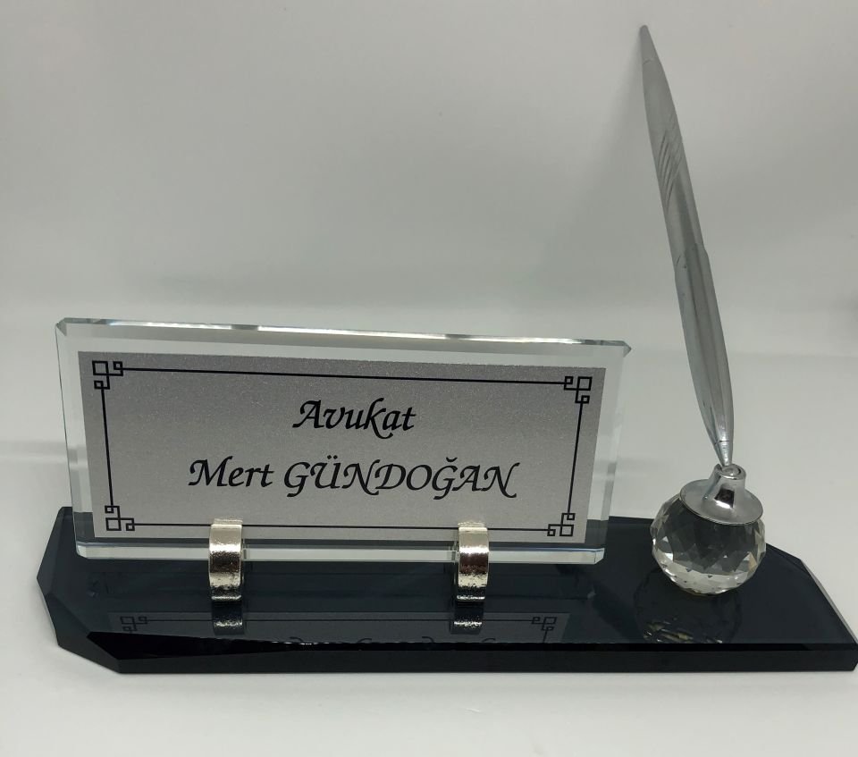 Cam İsimlik Tek Kalem Masaüstü Füme Hediye Seti Gümüş
