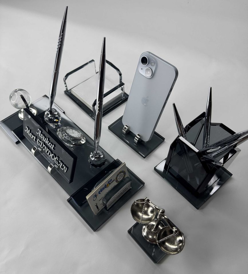 VIP Füme Cam Masa İsimlik Ful Set Hediyelik Deri Kutulu Avukat Hakim Savcılara Özel