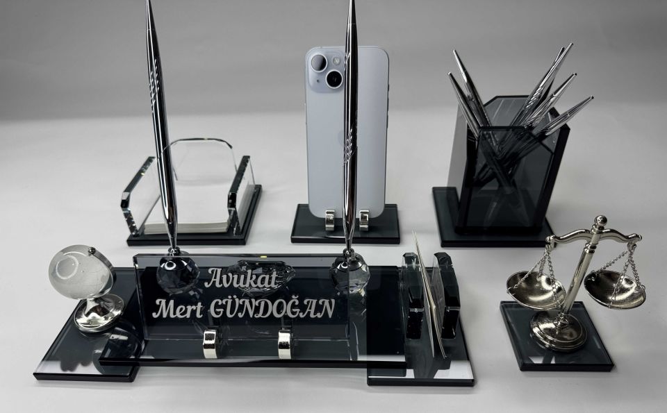 VIP Füme Cam Masa İsimlik Ful Set Hediyelik Deri Kutulu Avukat Hakim Savcılara Özel