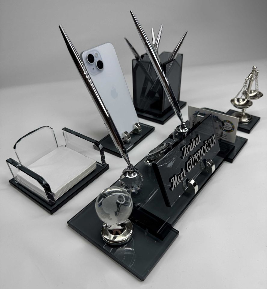 VIP Füme Cam Masa İsimlik Ful Set Hediyelik Deri Kutulu Avukat Hakim Savcılara Özel